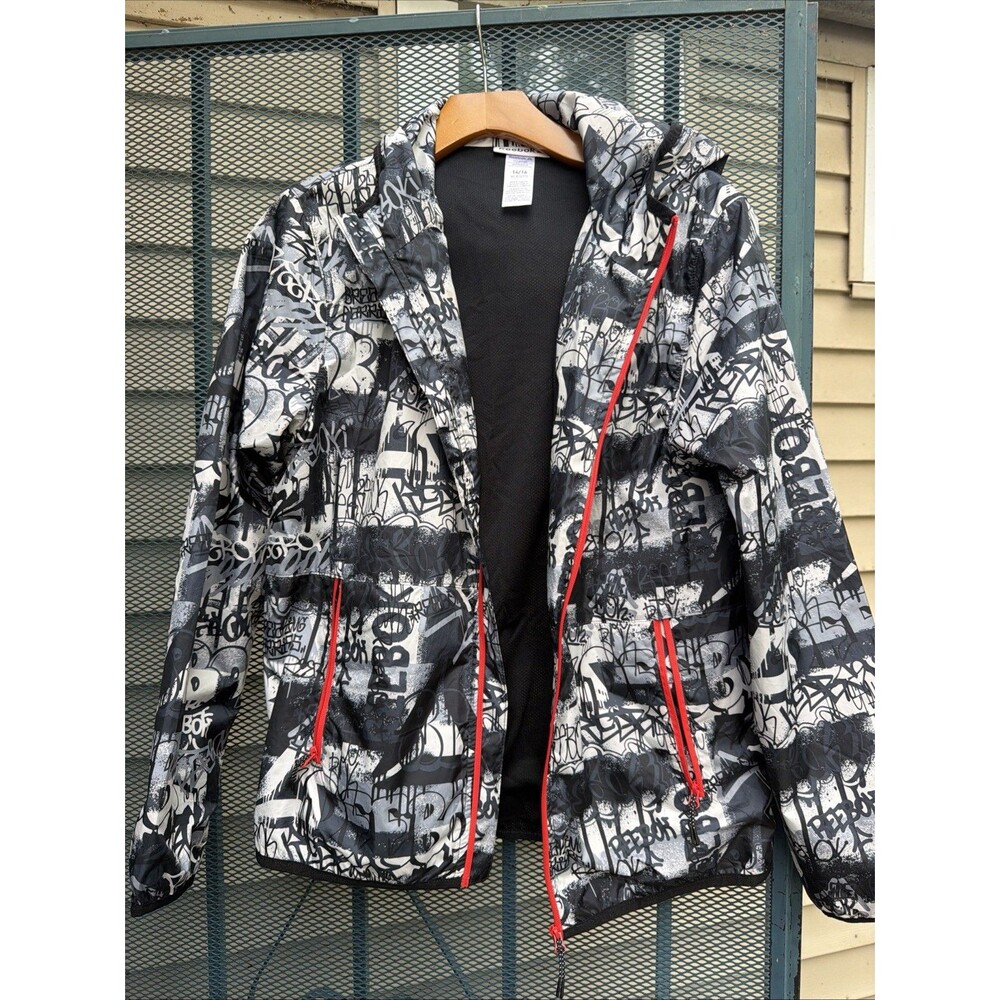 Reebok Kids Jacket Child Size XL 14/16 Black Graffiti Hood Windbreaker Zipper